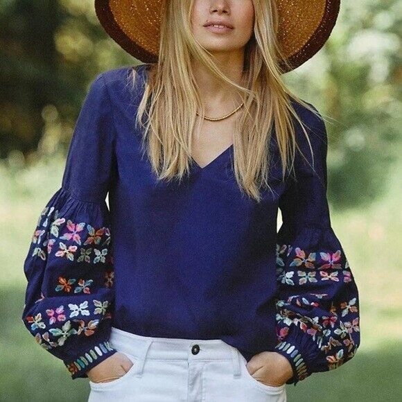 Anthropologie Tops - Anthropologie Maeve Sonja Embroidered Floral Blouse Navy Geometric Sz 8